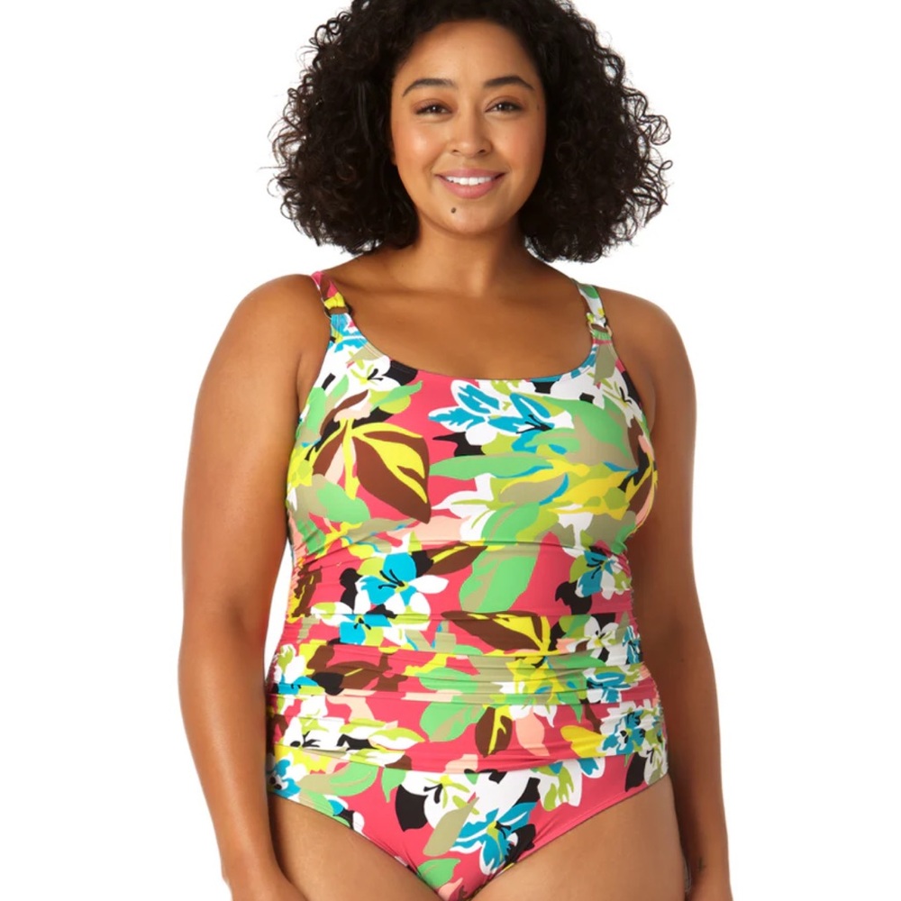 NWT Anne Cole Plus -Women's Shirred Lingerie Maillot One Piece Swimsuit Multi
